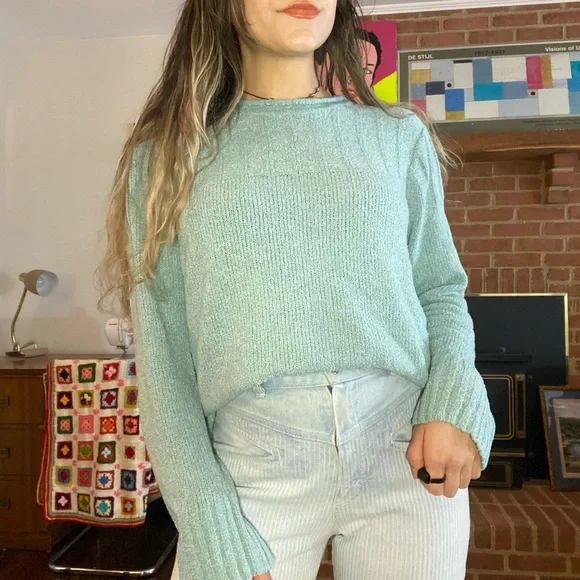 Vintage Y2K Chenille Pastel Soft Ribbed Knit Mockneck Tunic Sweater Craz… - Picture 6 of 15